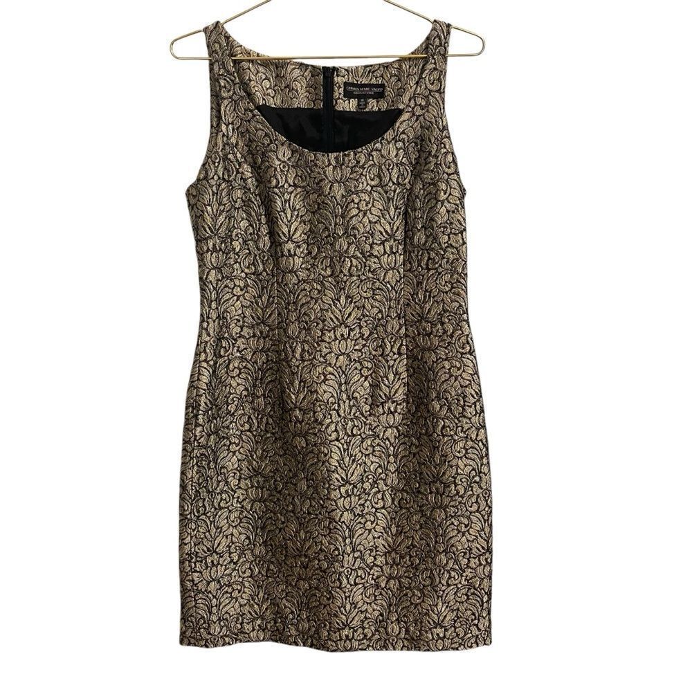 Carmen Marc Valvo Signature Gold Black Metallic Brocade Floral Sheath Dress 10